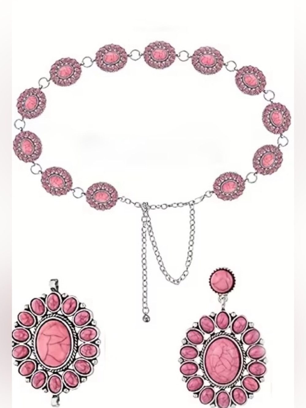 Pink Stone Silver-Tone Chain Belt  and Earrings Set